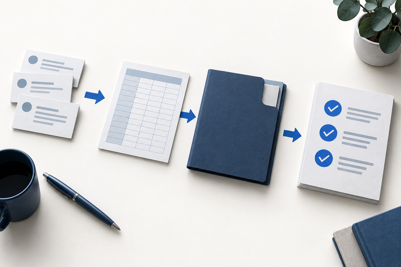 Enquiry cards, a spreadsheet and a job folder leading to a clear action checklist.